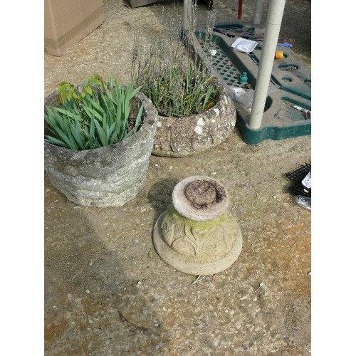 425 - 2 ROUND CONCRETE PLANTERS AND A STAND