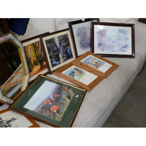 472 - COLLECTION OF FRAMES, PRINTS, EMBROIDERED ETC