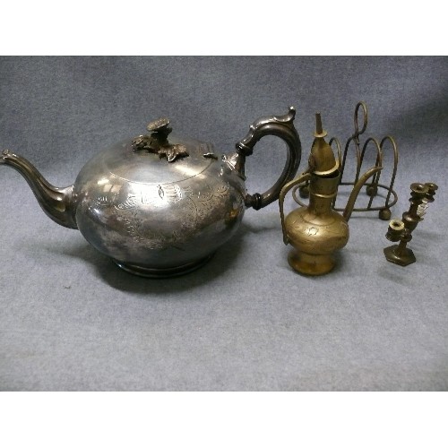 65 - A SELECTION OF METALWARE TO INCLUDE SILVER PLATE TEAPOT, TOAST RACK, BRASS AND MOTHER OF PEARL POTS ... 