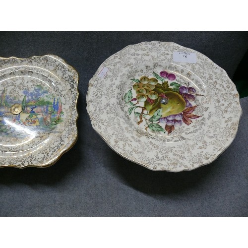 78 - 3 VINTAGE DECORATIVE CERAMIC CAKEPLATES WITH METAL STANDS