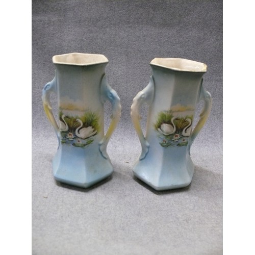 82 - A PAIR OF AUSTRIAN CHINA SWAN VASES