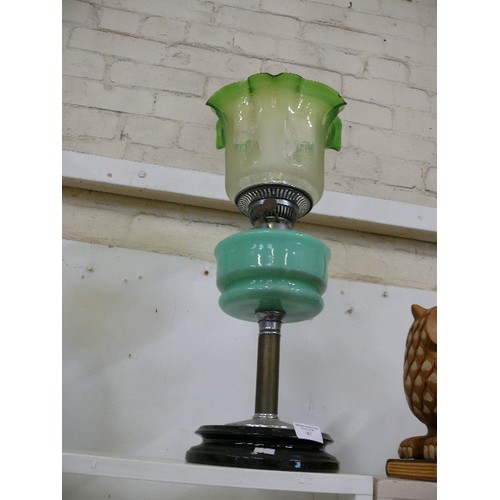 87 - A LARGE 1940'S ART DECO OIL LAMP WITH LOVELY GREEN GLASS