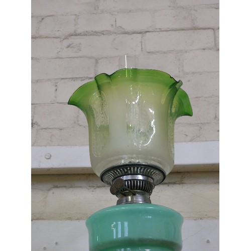 87 - A LARGE 1940'S ART DECO OIL LAMP WITH LOVELY GREEN GLASS