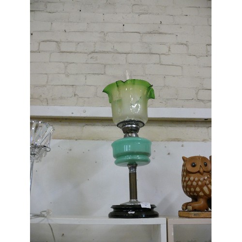 87 - A LARGE 1940'S ART DECO OIL LAMP WITH LOVELY GREEN GLASS