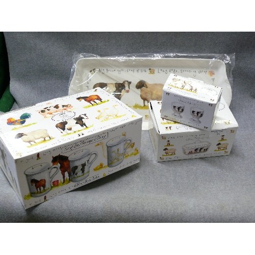 93 - A NEW FINE BONE CHINA FARMYARD ANIMAL COLLECTION TO INCLUDE 6 MUGS, BUTTER DISH, 2 EGG CUPS AND A PL... 