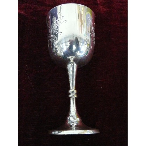 110 - A SET OF DECORATIVE SILVERPLATE GOBLETS IN A FITTED RED VELVET CASE