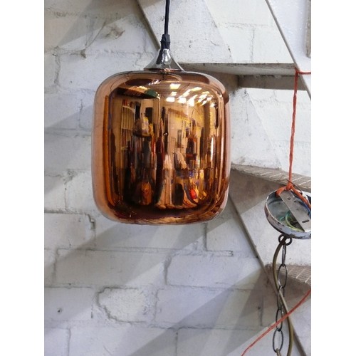 174 - COPPER COLOURED HANGING GLASS LAMPSHADE