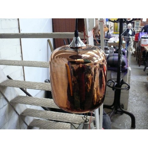 174 - COPPER COLOURED HANGING GLASS LAMPSHADE