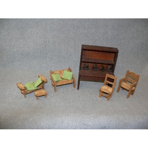 136 - A SELECTION OF DOLLS HOUSE FURNITURE INCLIDING A WOODEN DRESSER AND WOVEN SEATED OF AND CHAIR SET