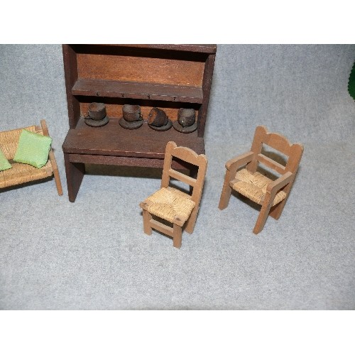 136 - A SELECTION OF DOLLS HOUSE FURNITURE INCLIDING A WOODEN DRESSER AND WOVEN SEATED OF AND CHAIR SET