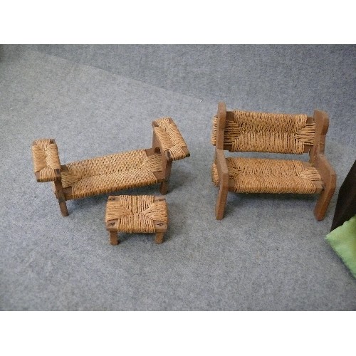 136 - A SELECTION OF DOLLS HOUSE FURNITURE INCLIDING A WOODEN DRESSER AND WOVEN SEATED OF AND CHAIR SET