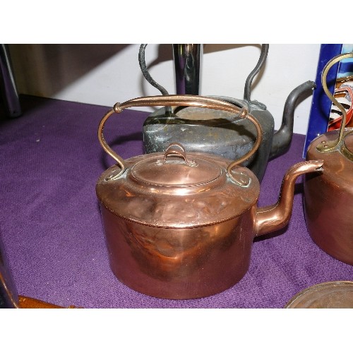 147 - A SELECTION OF COPPER AND BRASS TO INCLUDE 3 COPPER KETTLES, A JUG AND 2 ORNAMENTAL BED WARMERS