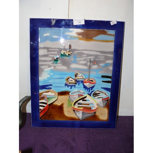 148 - A COLOURFUL CERAMIC TILE PICTURE OF BOATS