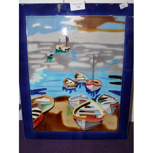 148 - A COLOURFUL CERAMIC TILE PICTURE OF BOATS