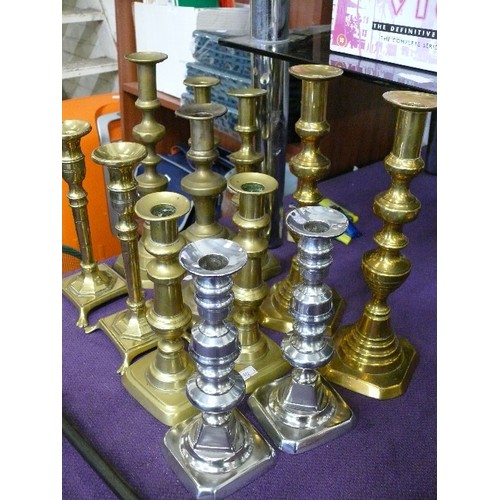 149 - A SELECTION OF BRASS AND CHROME CANDLESTICKS INCLUDING 5 PAIRS