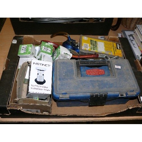 240 - A LARGE BOX OF TOOLS AND HARDWARE TO INCLUDE SCREWDRIVERS, OIL CAN, FILES, SPANNERS ETC