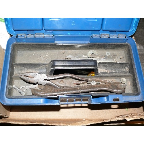 240 - A LARGE BOX OF TOOLS AND HARDWARE TO INCLUDE SCREWDRIVERS, OIL CAN, FILES, SPANNERS ETC