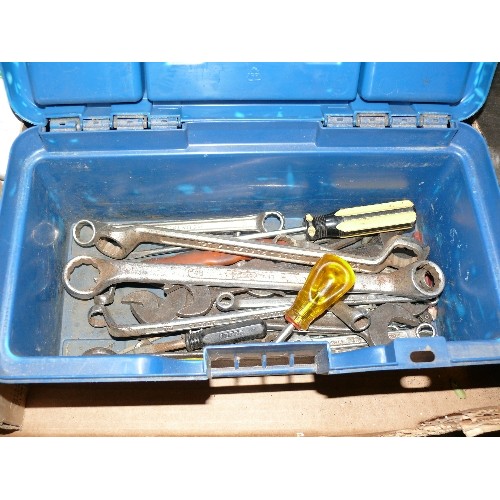 240 - A LARGE BOX OF TOOLS AND HARDWARE TO INCLUDE SCREWDRIVERS, OIL CAN, FILES, SPANNERS ETC