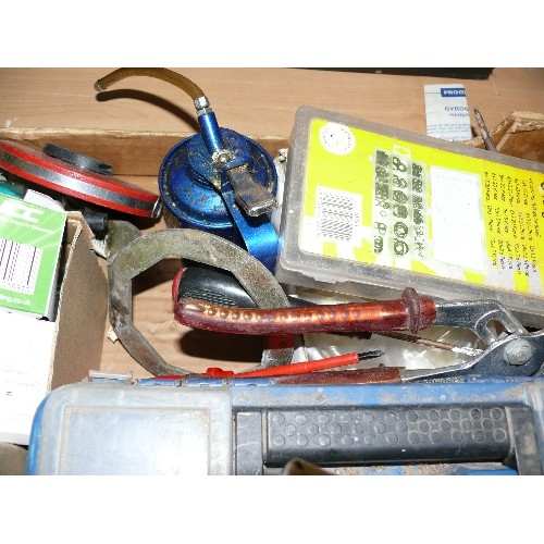 240 - A LARGE BOX OF TOOLS AND HARDWARE TO INCLUDE SCREWDRIVERS, OIL CAN, FILES, SPANNERS ETC