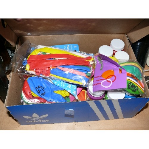 242 - A BOX OF PARTY ITEMS TO INCLUDE BALLOONS, CANDLES AND BUBBLES