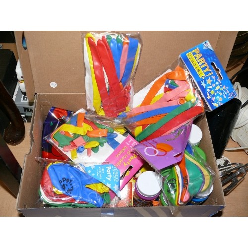 242 - A BOX OF PARTY ITEMS TO INCLUDE BALLOONS, CANDLES AND BUBBLES