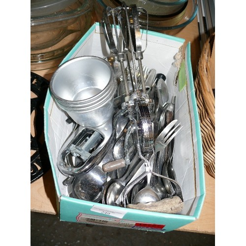 249 - A BOX OF CUTLERY AND KITCHEN UTENSILS PLUS A SELECTION OF KITCHEN GLASSWARE