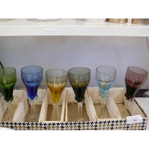 99 - A VINTAGE BOXED SET OF DECORATIVE COLOURED GLASSES