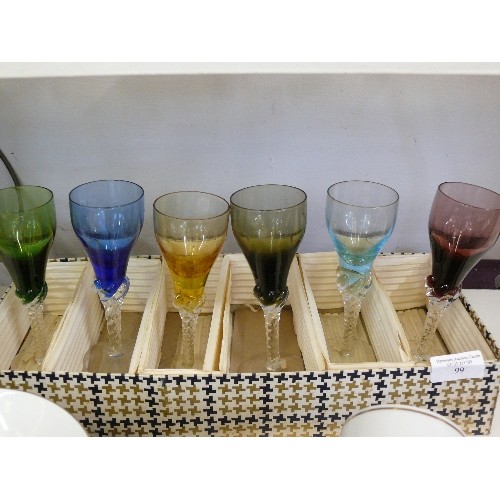 99 - A VINTAGE BOXED SET OF DECORATIVE COLOURED GLASSES