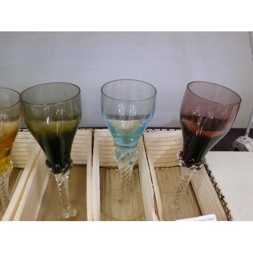 99 - A VINTAGE BOXED SET OF DECORATIVE COLOURED GLASSES