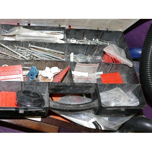 189 - A TRAY OF HARDWARE ETC TO INCLUDE 2 STROKE ENGINE OIL, CABLE TIES, PLASTIC BALL KNOBS ETC