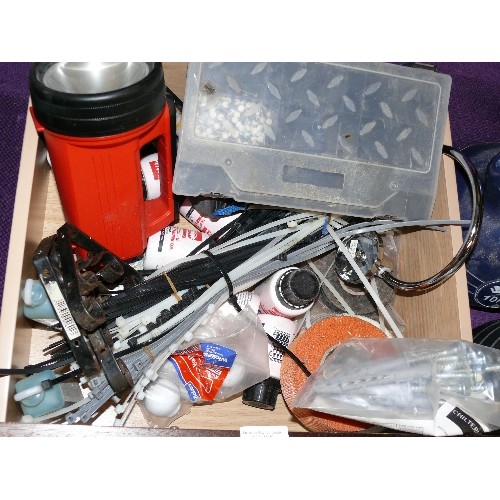 189 - A TRAY OF HARDWARE ETC TO INCLUDE 2 STROKE ENGINE OIL, CABLE TIES, PLASTIC BALL KNOBS ETC