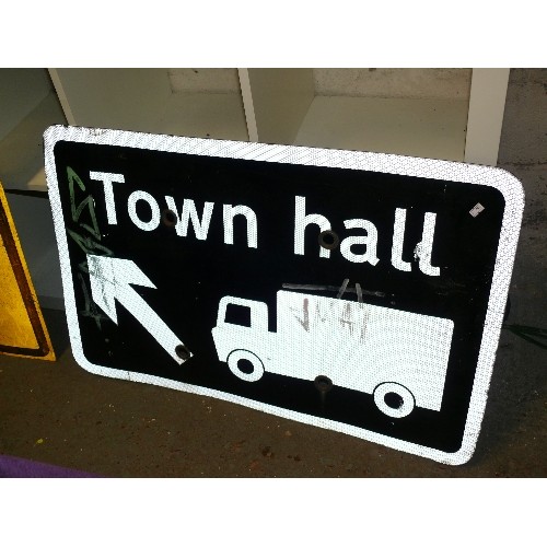 52 - 2 LARGE VINTAGE ROAD SIGNS 'TOWN HALL' AND 'DIVERSION'