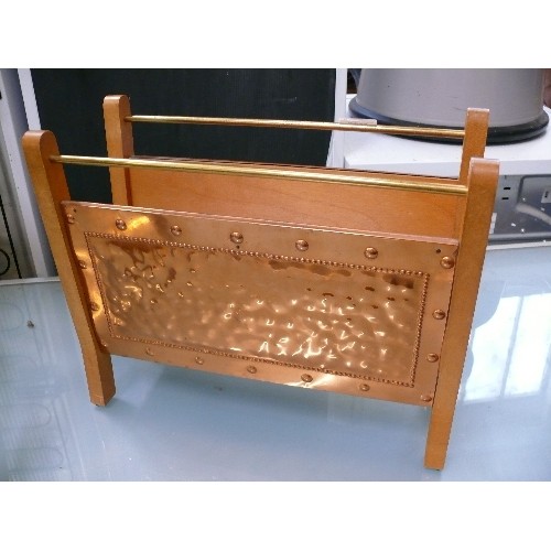 291 - A VERY NICE WOOD AND COPPER MAGAZINE RACK