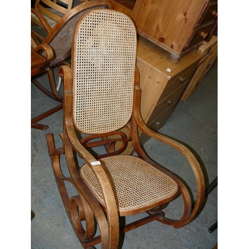 388 - 'THONET' INSPIRED BENT WOOD ROCKING CHAIR WITH RATTAN SEAT AND BACK, VINTAGE