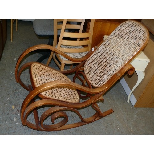 389 - 'THONET' INSPIRED BENT WOOD ROCKING CHAIR WITH RATTAN SEAT AND BACK, VINTAGE