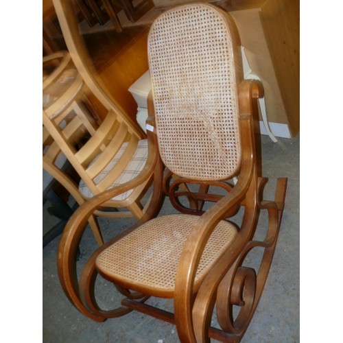 389 - 'THONET' INSPIRED BENT WOOD ROCKING CHAIR WITH RATTAN SEAT AND BACK, VINTAGE