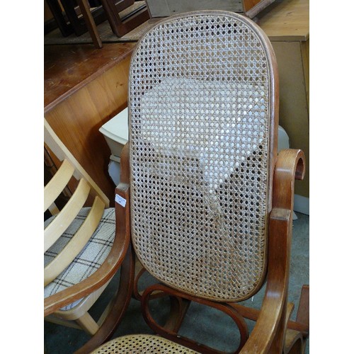 389 - 'THONET' INSPIRED BENT WOOD ROCKING CHAIR WITH RATTAN SEAT AND BACK, VINTAGE