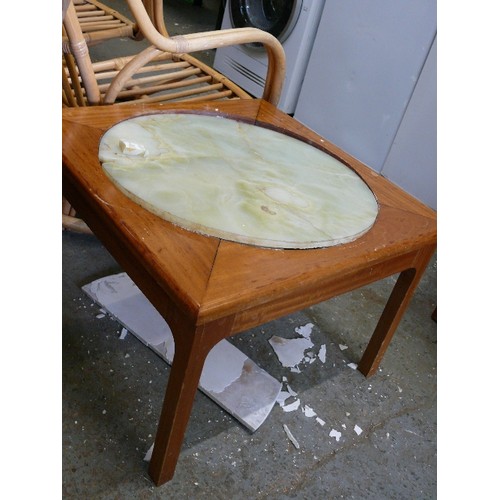 400 - UNUSUAL SQUARE COFFEE TABLE WITH ONYX CIRCULAR INLAY, NEEDS SOME ATTENTION