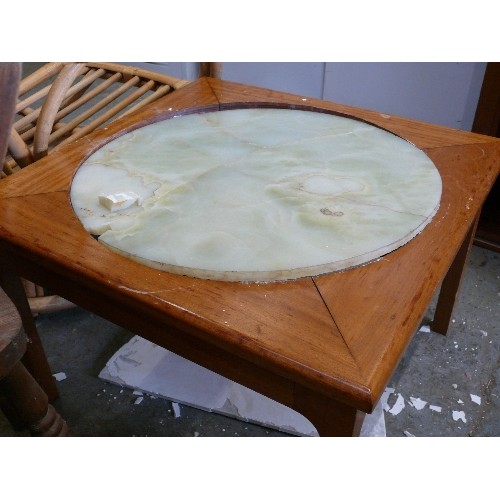 400 - UNUSUAL SQUARE COFFEE TABLE WITH ONYX CIRCULAR INLAY, NEEDS SOME ATTENTION