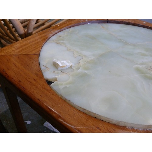 400 - UNUSUAL SQUARE COFFEE TABLE WITH ONYX CIRCULAR INLAY, NEEDS SOME ATTENTION