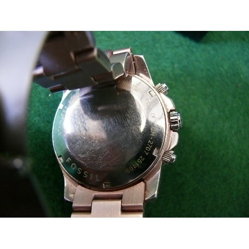 12 - PINK METAL WATCH BY FOSSIL, BOXED AN WORKING WHEN LOTTED