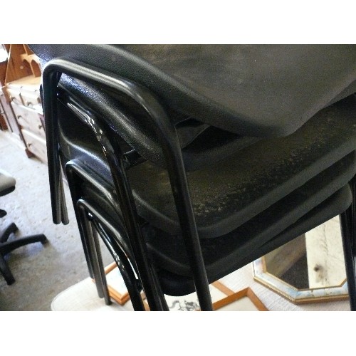 402 - FIVE BLACK STACKABLE PLASTIC MOULDED CHAIRS