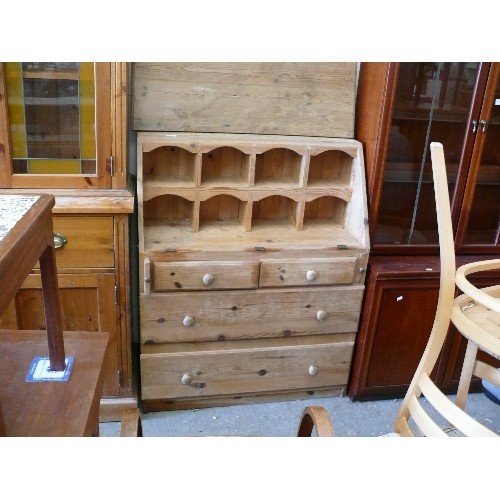 394 - SOLID RUSTIC PINE, GOOD QUALITY WRITING BUREAU, TWO DRAWERS OVER TWO, EIGHT PIDGEON HOLES.  DROP DOW... 