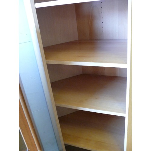 414 - IKEA CORNER BOOKCASE IN BEECH, APPROX 7FT