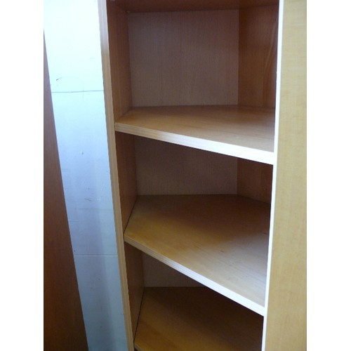 414 - IKEA CORNER BOOKCASE IN BEECH, APPROX 7FT