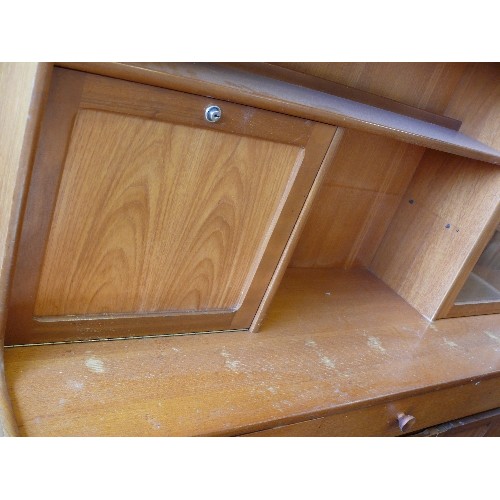 415 - TEAK NATHAN  WALL UNIT WITH LEATHER TOPPED DROP DOWN WRITING COMPARTMENT, GLASS DOOR CUP, 3 DRAWERS ... 