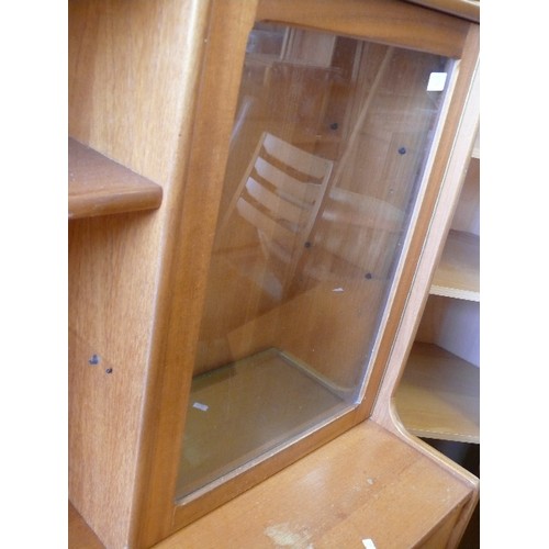 415 - TEAK NATHAN  WALL UNIT WITH LEATHER TOPPED DROP DOWN WRITING COMPARTMENT, GLASS DOOR CUP, 3 DRAWERS ... 