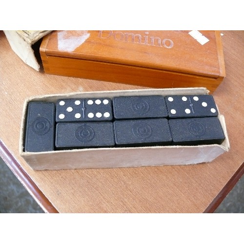 54 - 2 SETS OF DOMINOES - IMPERIAL WHITE ON BLACK AND OTHERS IN A WOODEN BOX ARE BLACK ON WHITE