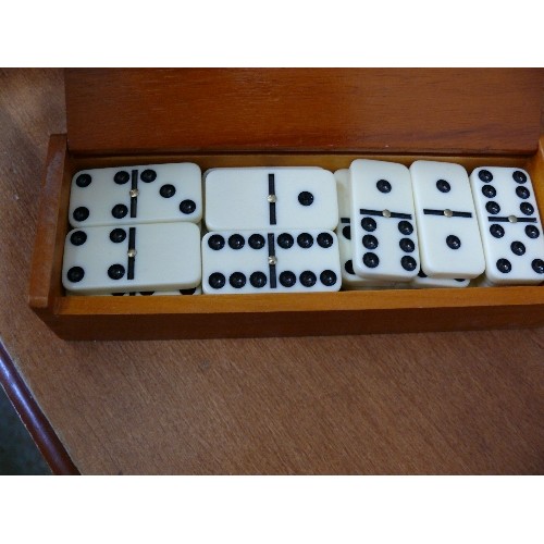 54 - 2 SETS OF DOMINOES - IMPERIAL WHITE ON BLACK AND OTHERS IN A WOODEN BOX ARE BLACK ON WHITE