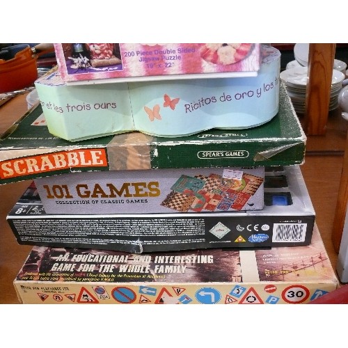 444 - QUANTITY OF GAMES AND PUZZLES ADDIQUE,  SCRABBLE,  TAKE THE TEST,  BAGPUSS PUZZLE ETC.